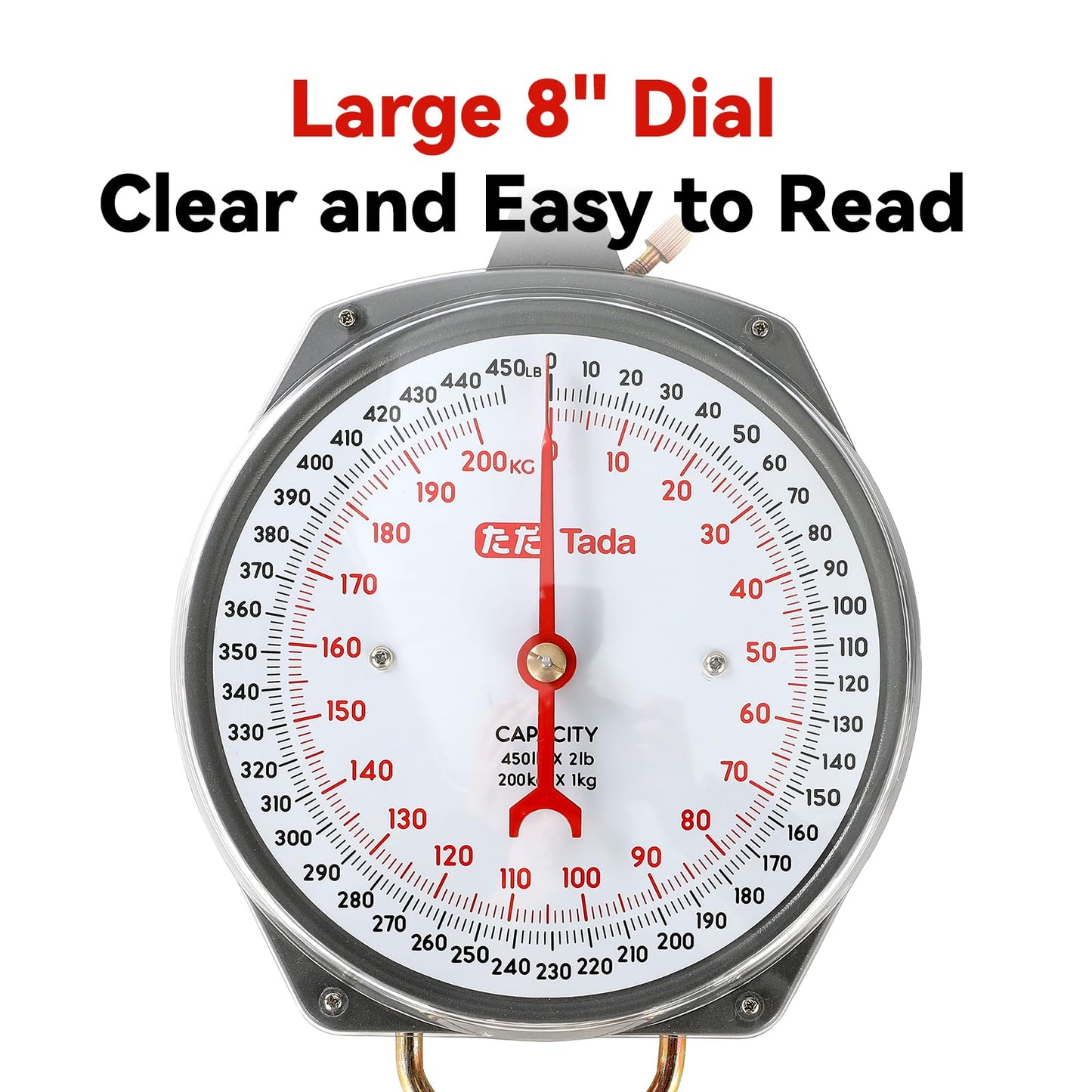Tada Game Scale 450lb Mechanical Hanging Scale with 8 Inch Dial, Heavy-Duty Design for Kitchen, Fishing, Outdoor Use, and Farms