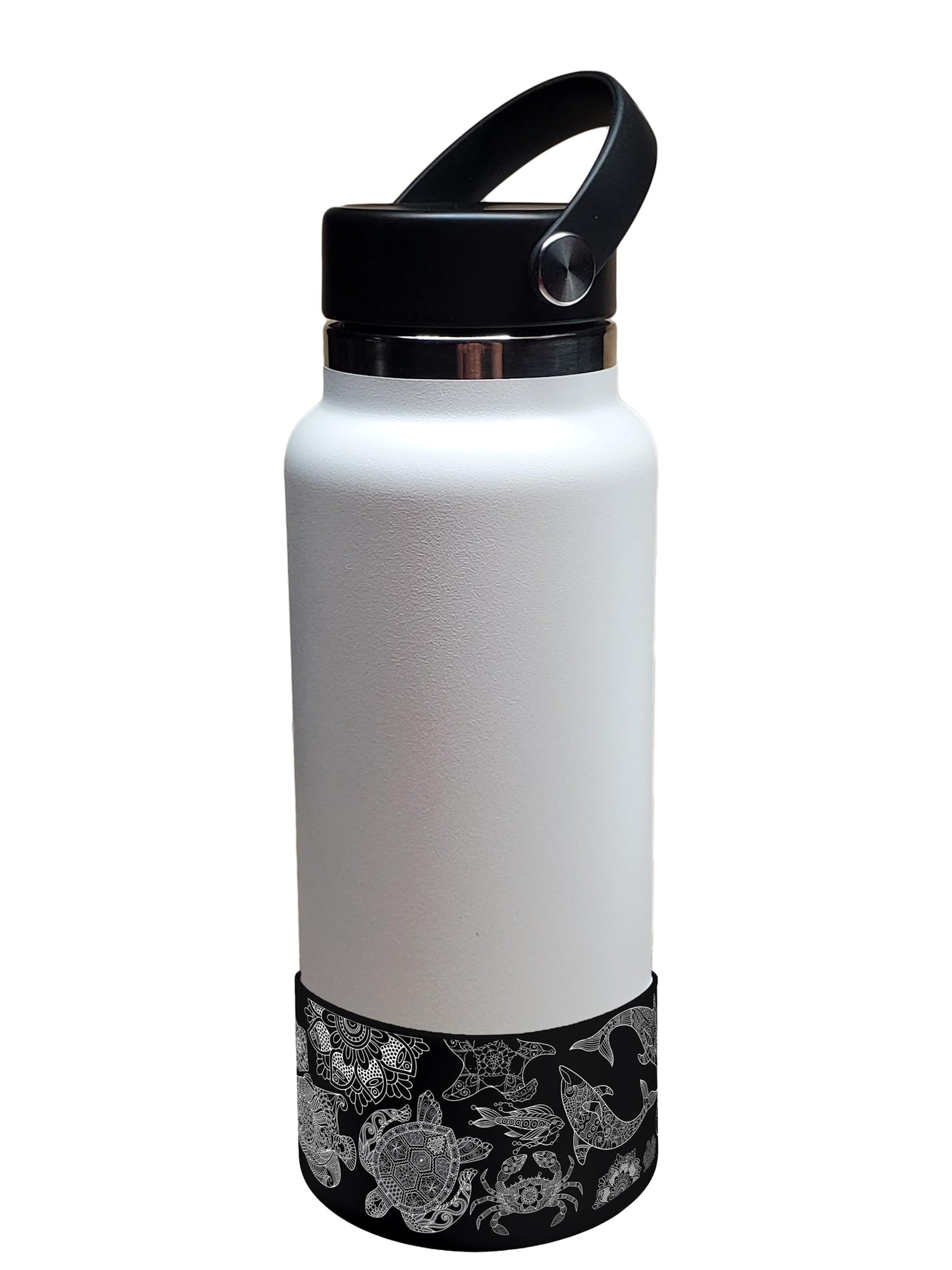 Hydro Heel Protective Silicone Bottom Sleeve, 12oz-40oz. Fits All Vacuum Insulated Stainless Steel Water Bottles, Anti-Slip, Anti-Scratch, Rubber Flex Skin Cover (12-24oz, Black Ocean Mandala)