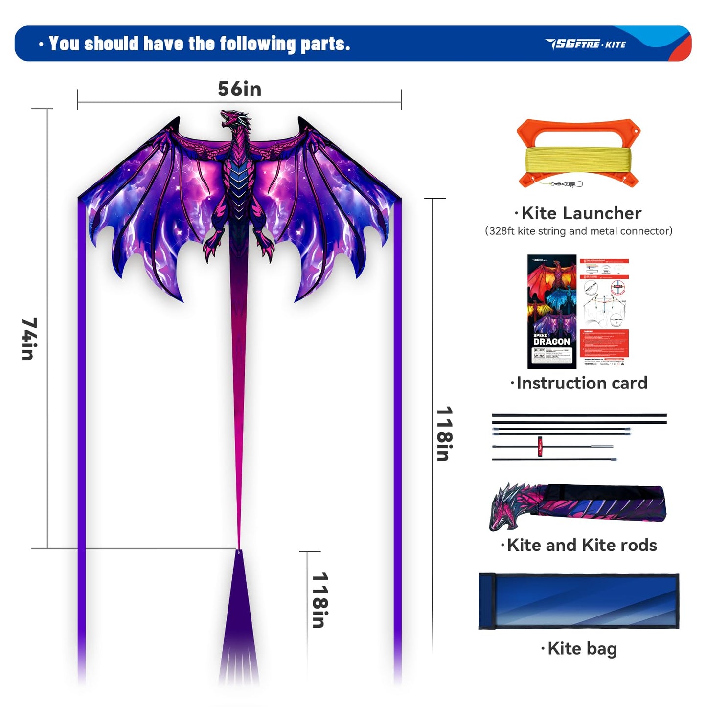 SGftre Complete Kite with Handle, Line & Accessories,Easy to Fly for Kids & Adults, Perfect for Beach, Park, Family Outdoor Activities (Speed Dragon Purple, 1)