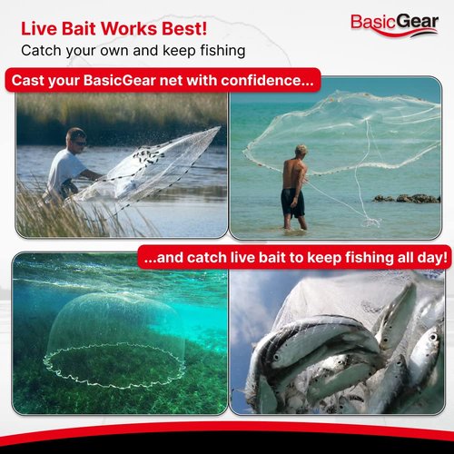 BasicGear Cast Net for Bait Trap Fish, Protected Weights, 5ft Radius with 3/8 inch Mesh for Freshwater and Saltwater, Professional Grade and Upgraded Material, Throw Style