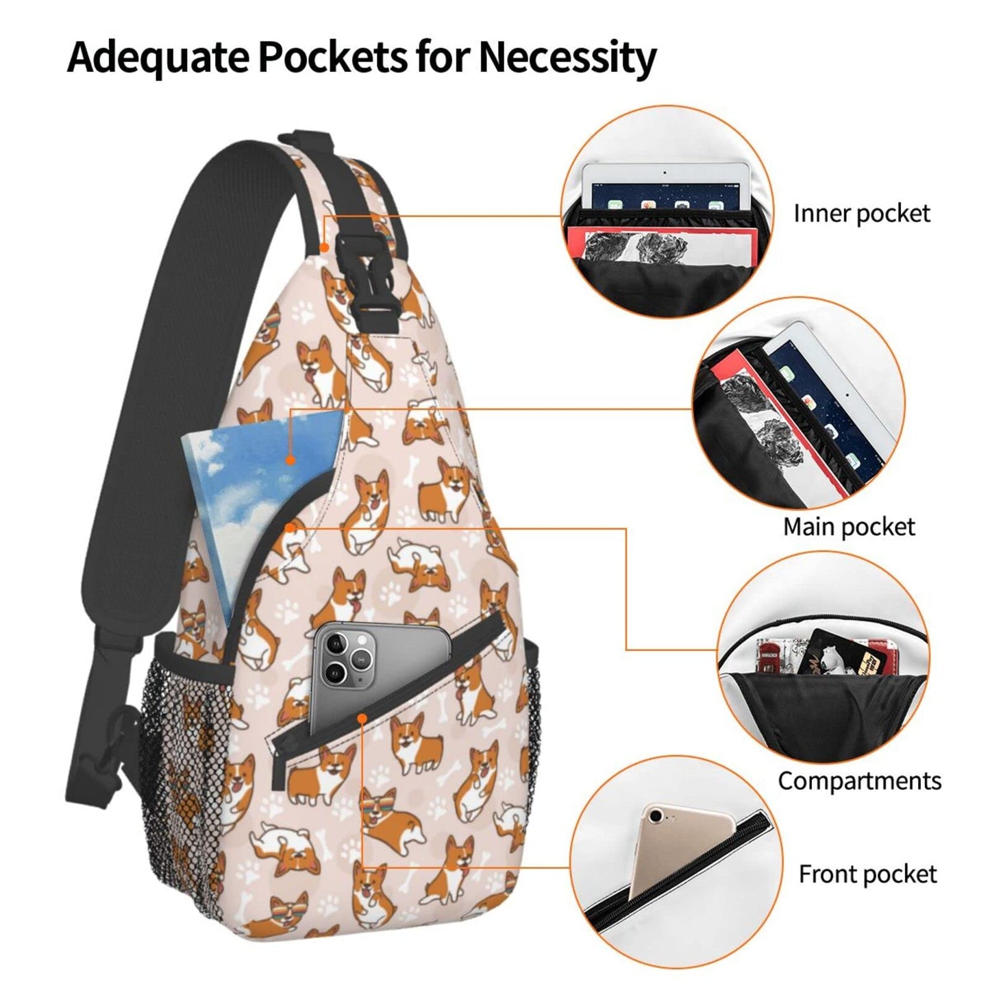 Qaonyui Corgi Sling Bag Crossbody Daypack Hiking Shoulder Backpack for Women Travel