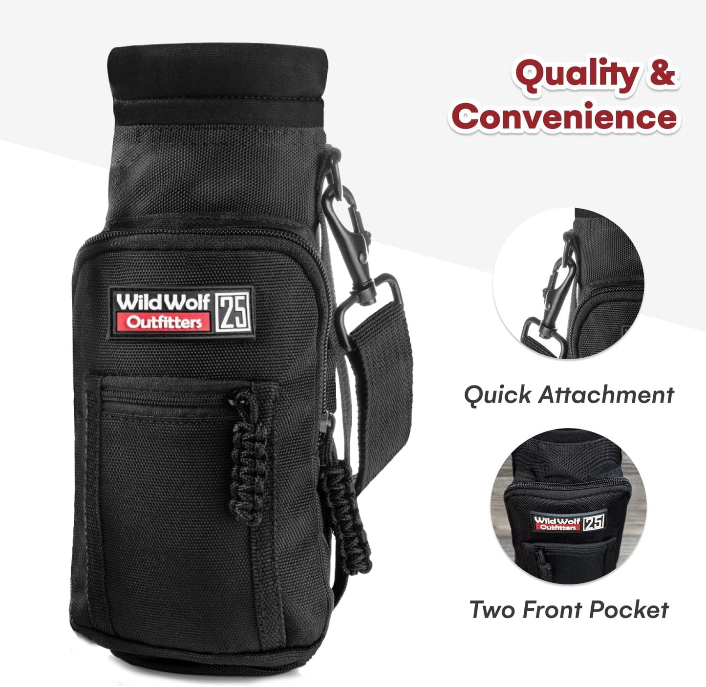 Wild Wolf Outfitters - #1 Best Water Bottle Holder for 25 oz Bottles - Carry, Protect and Insulate Your Flask with This Military Grade Carrier w/ 2 Pockets and an Adjustable Padded Shoulder Strap.