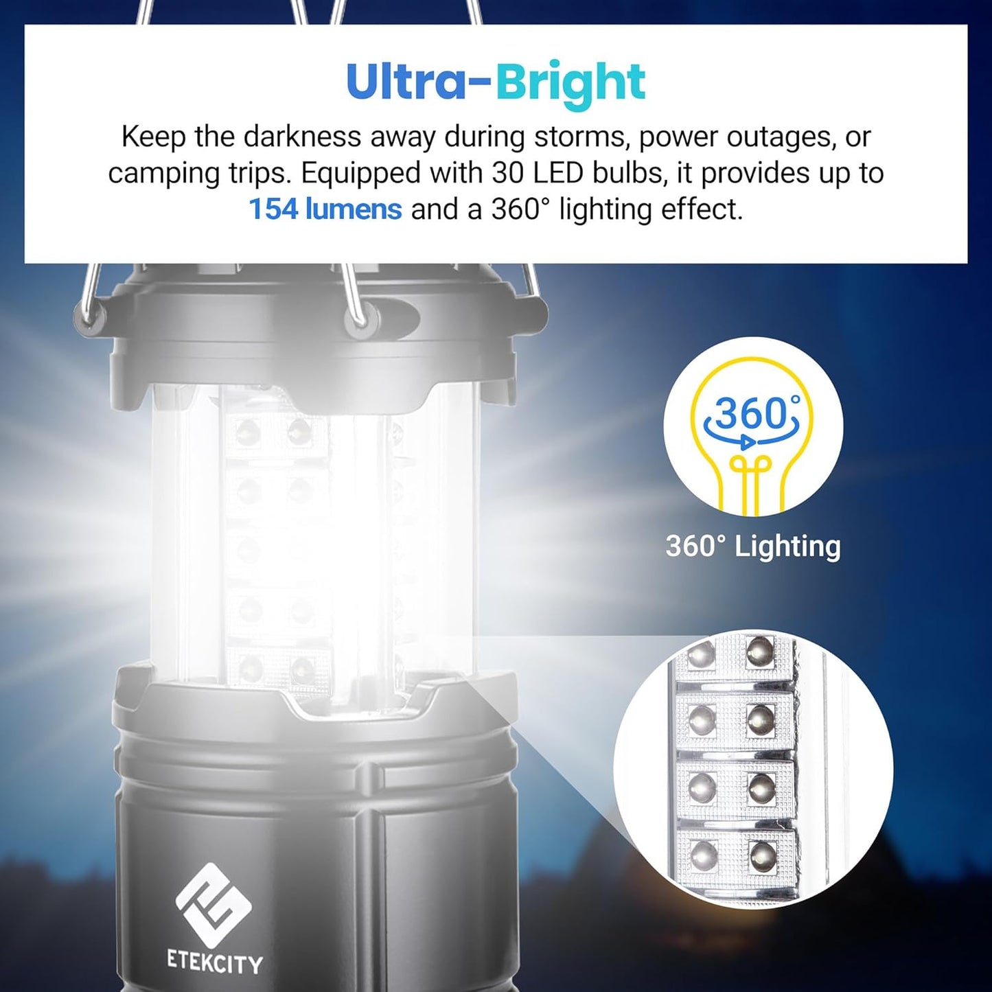 Etekcity Lantern Camping Essentials Lights, Led Flashlight for Power Outages, Survival Gear and Supplies for Emergency, Hurricane Preparedness Items , Battery Operated Lamp, 2 Pack, Black