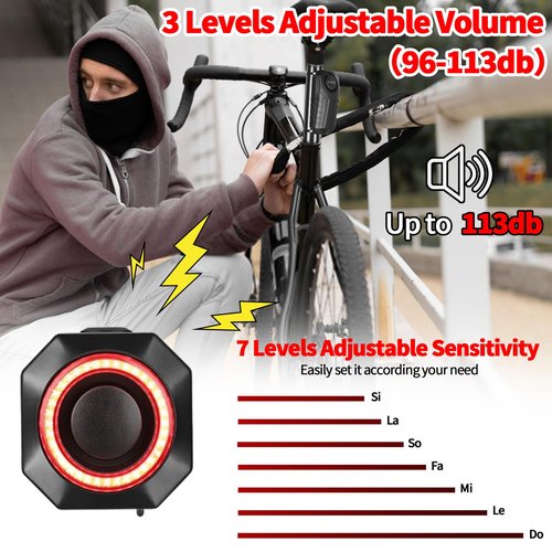 Smart Bike Tail Lights with Alarm, Rechargeable Rear Bicycle Light for Night Riding,Waterproof Brake Light, 110db Wireless Anti Theft Alarm, Long Battery Life E-Bike Accessorie