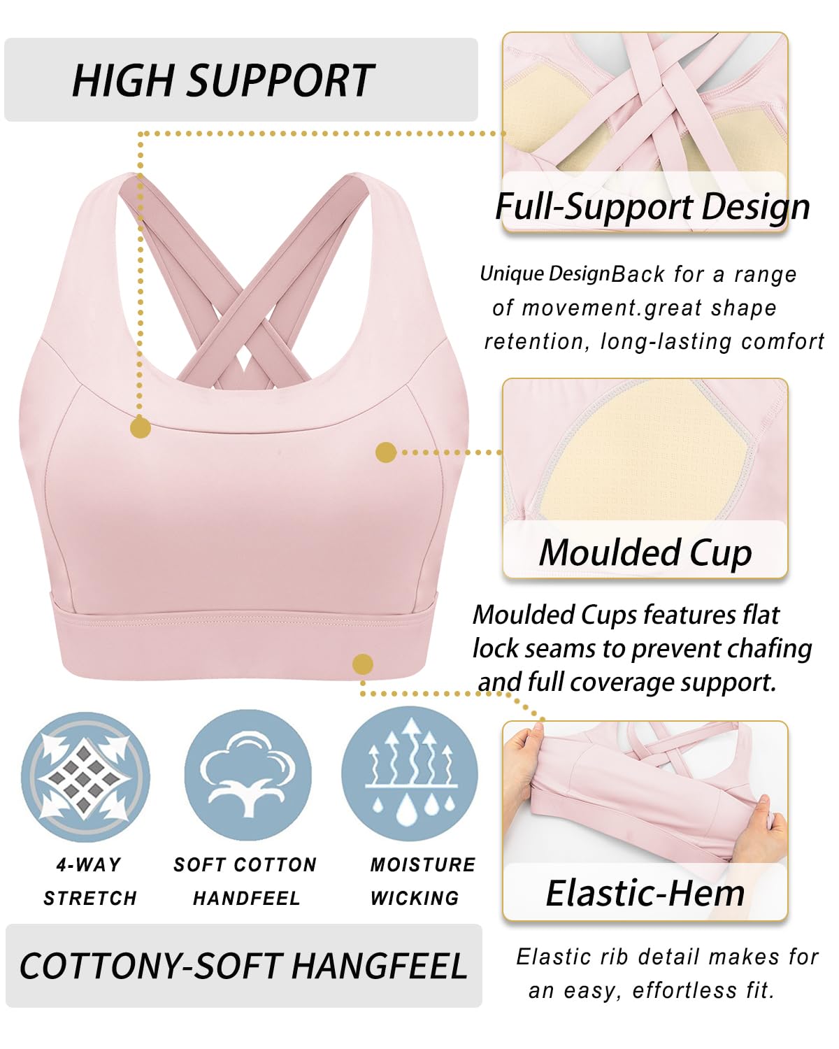RUNNING GIRL Sports Bra for Women, Criss-Cross Back Strappy Sports Bras High Support Yoga Bra with Molded Cups(3080_Pink_L)