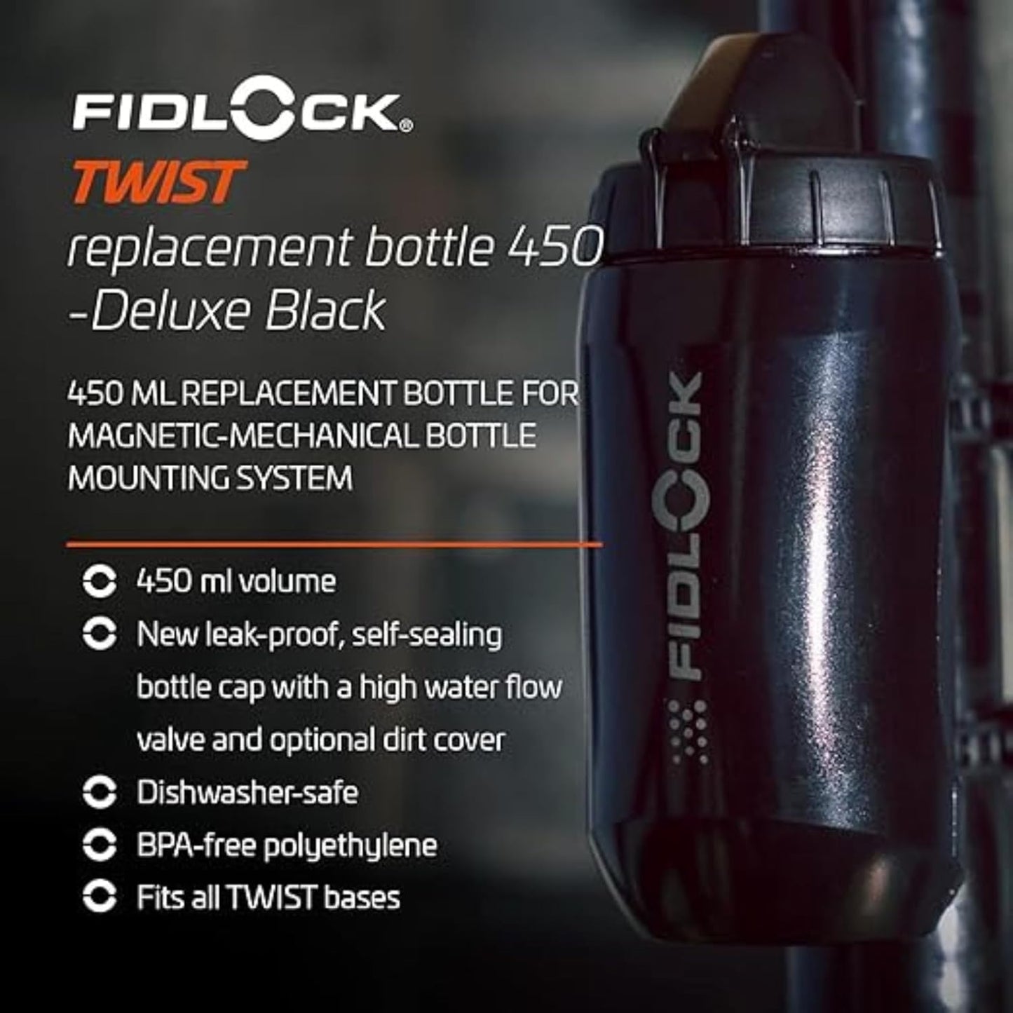 FIDLOCK Twist Replacement Bottle 450ml/15oz | Includes Twist Bottle Only (Twist Base Not Included) | Smoke