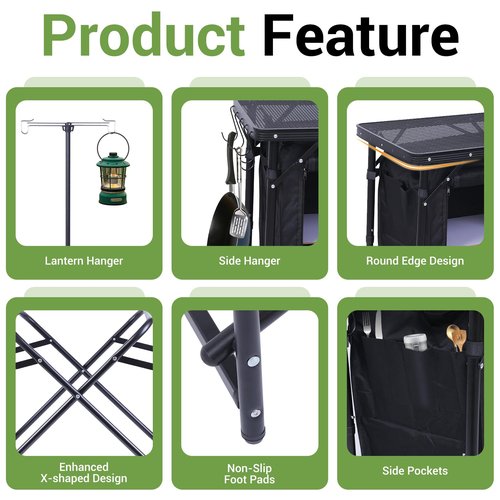 Nice C Camping Kitchen Station, Folding Table & Organizers, Upgrade Light Stand and Windshield Cooking Station, Carry Bag for Beach, Picnic (Black)