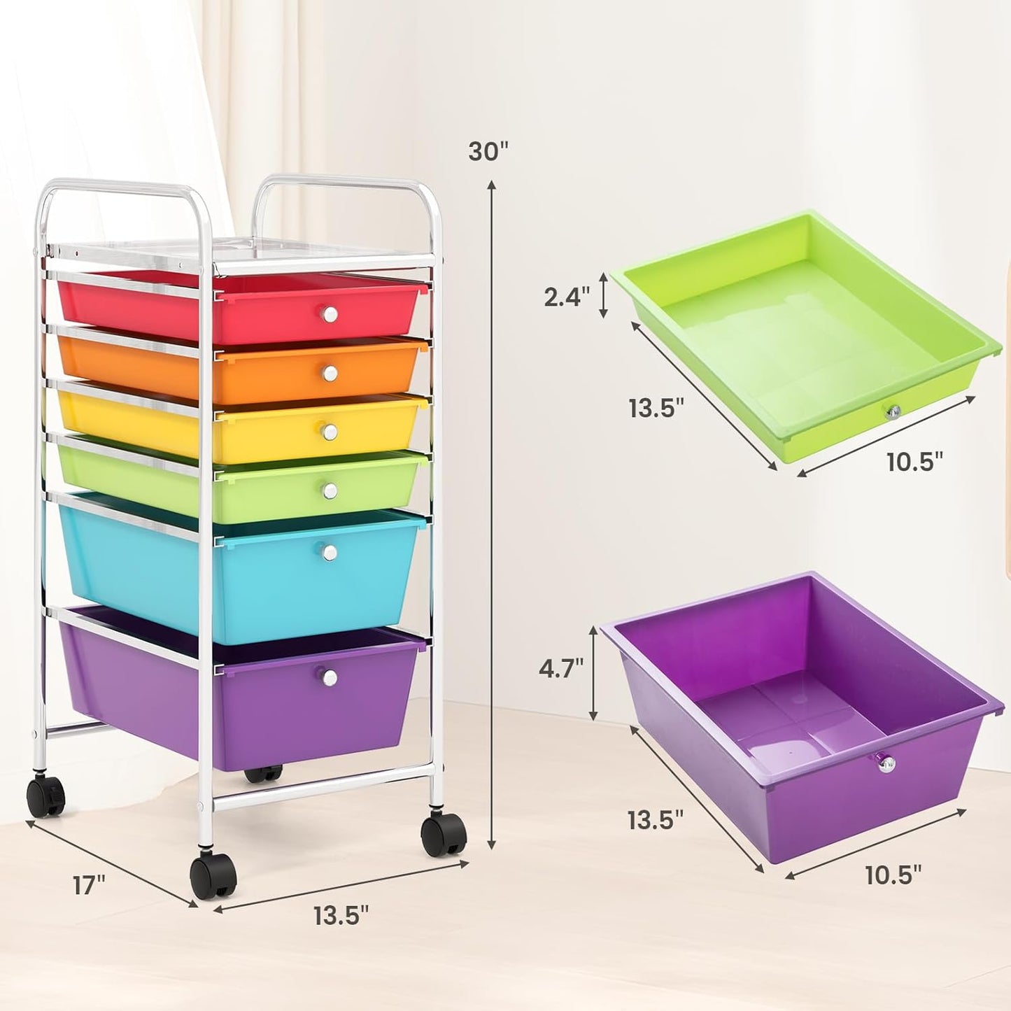 RELAX4LIFE 6-Drawer Rolling Storage Cart - Classroom Organization on Wheels w/Removable Plastic Drawers, Mobile Art Craft Cart for School Paper Home Office, Utility Cart with Drawers (Macaron)