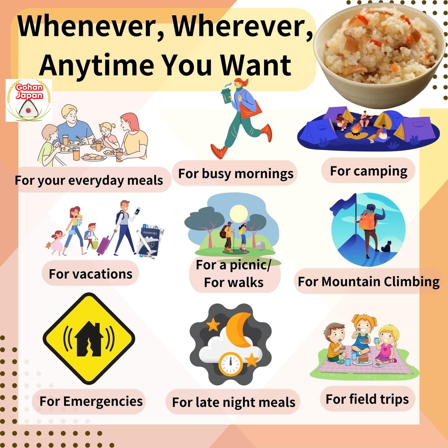 GOHAN JAPAN Gomoku Alpha Rice Japanese Mixed Rice (100% Japan-based) for Camping Mountain Climbing Emergencies 100g/3.5oz (A filling 260g/9.2oz meal) per 1-pack by Onisi Foods (3-packs, 300, Gram)