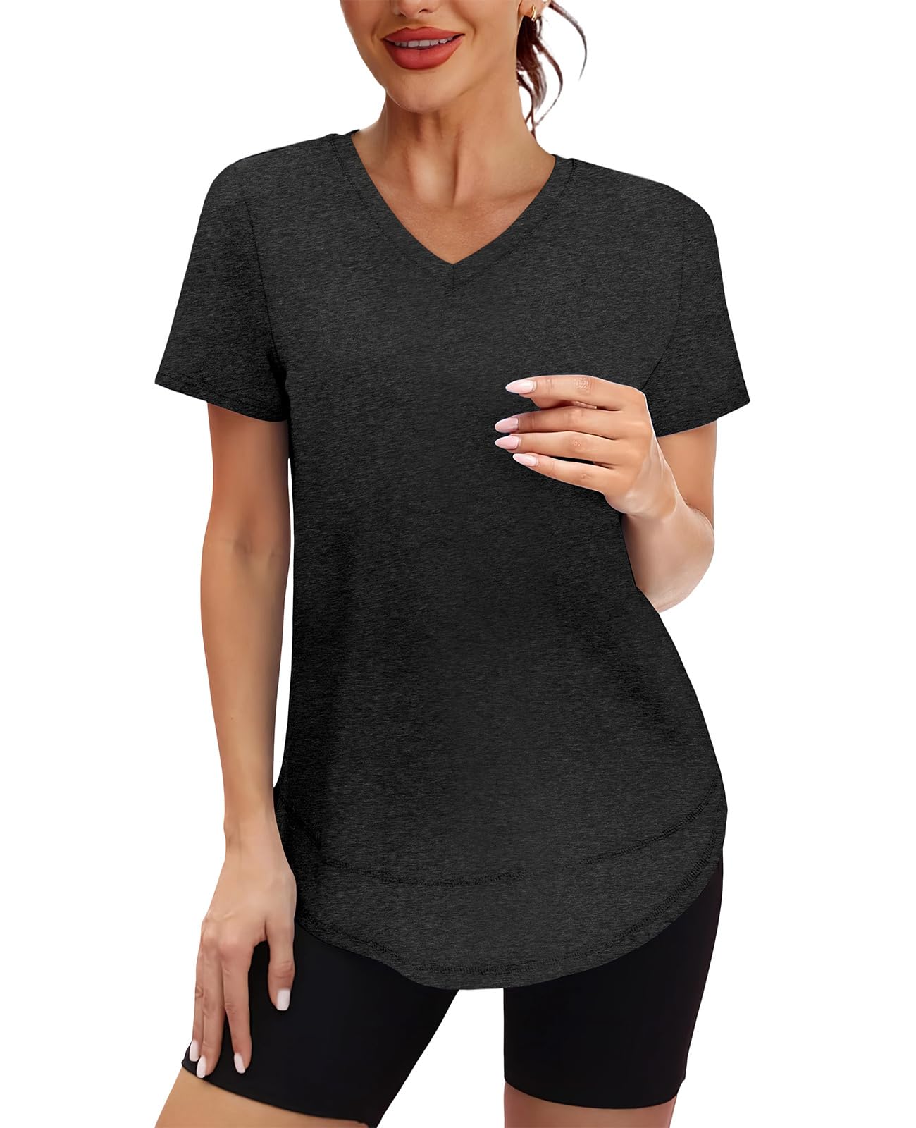 Summer Tops for Women 2026 Short Sleeve Workout Clothes Athletic Shirts Pilates Outfits Camisetas Deportivas para Mujer V Neck Black L