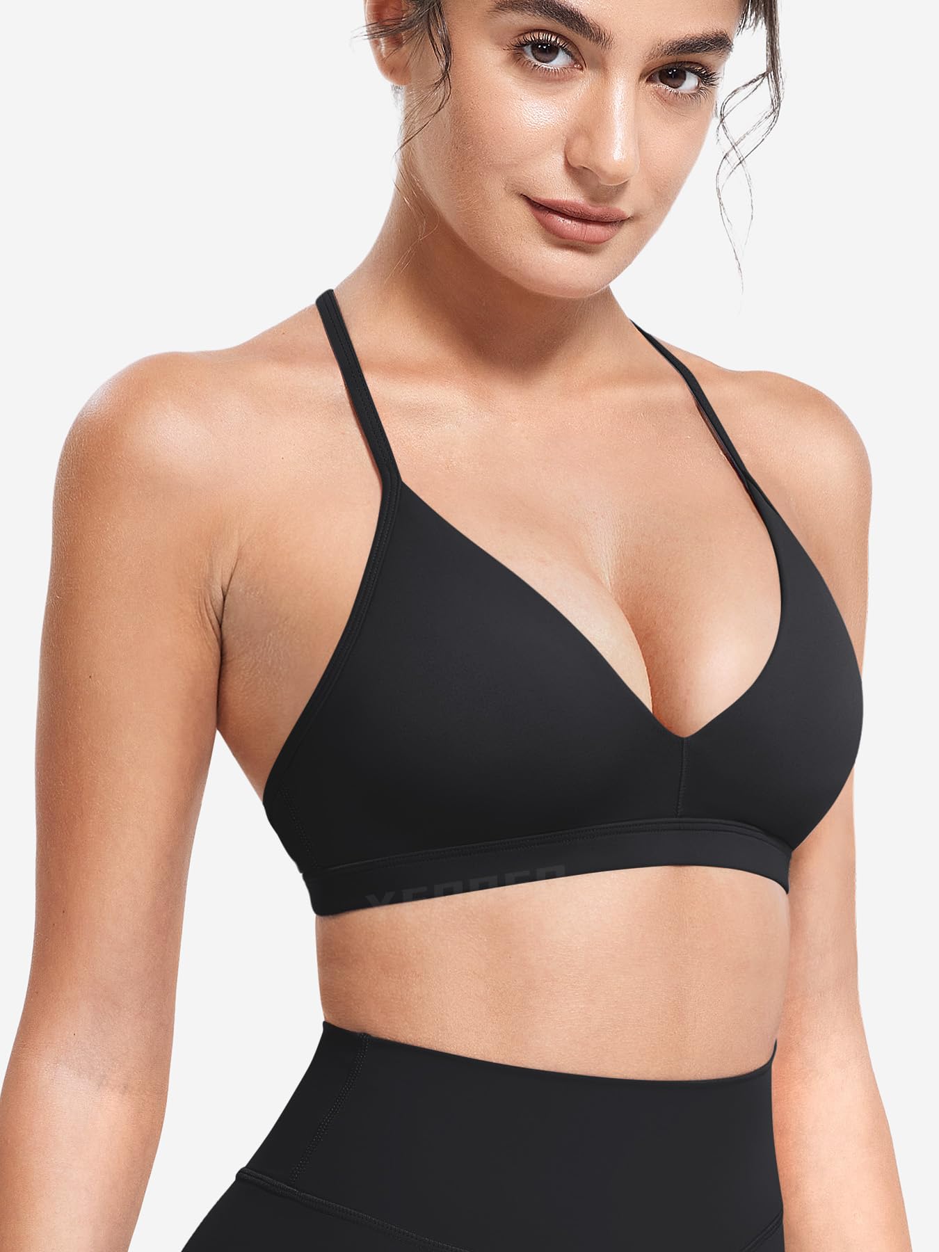 YEOREO CoreFlex Sports Bras for Women Strappy Padded Halter Open Back Light Impact Deep V Neck Yoga Workout Gym Tops Black S