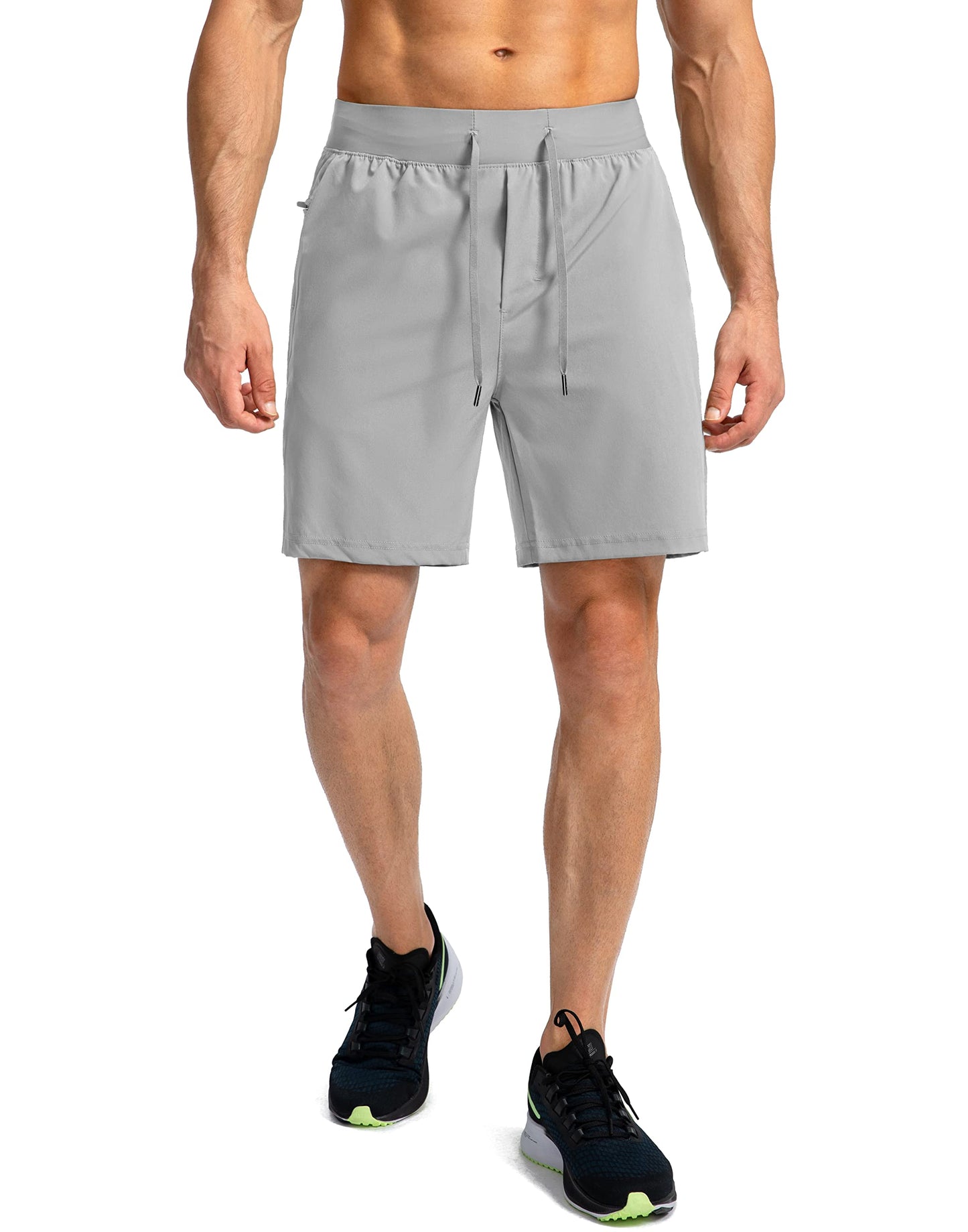 Soothfeel Men's Running Shorts with Zipper Pockets 7 Inch Lightweight Quick Dry Gym Athletic Workout Shorts for Men (Light Grey, 2XS)