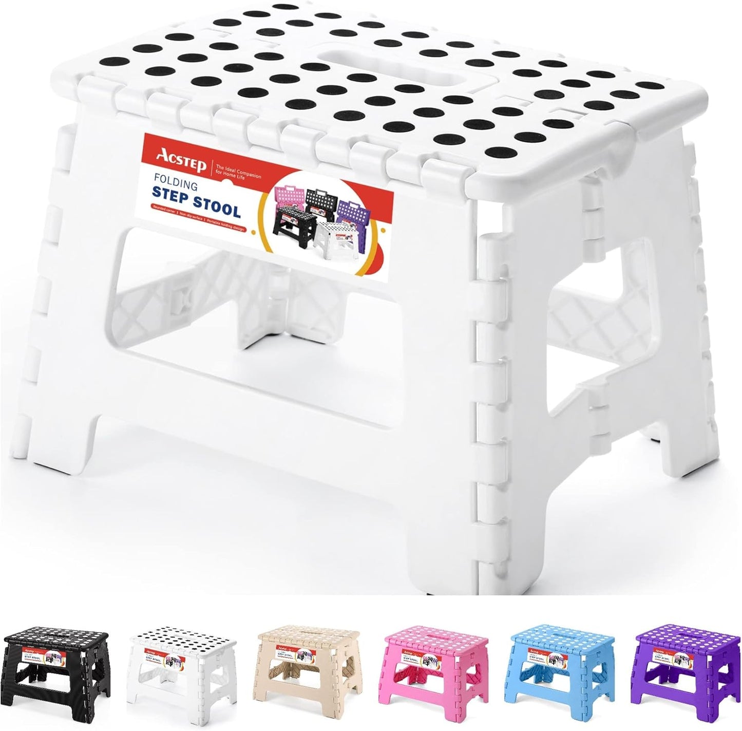 ACSTEP Folding Step Stool Foldable Stool 7.5 Inch Height Kids Step Stool, 300 lb Capacity Plastic Collapsible Stool, Stepping Stool with Handle Black Small Step Stool, Foot Stool Suitable for Kitchen