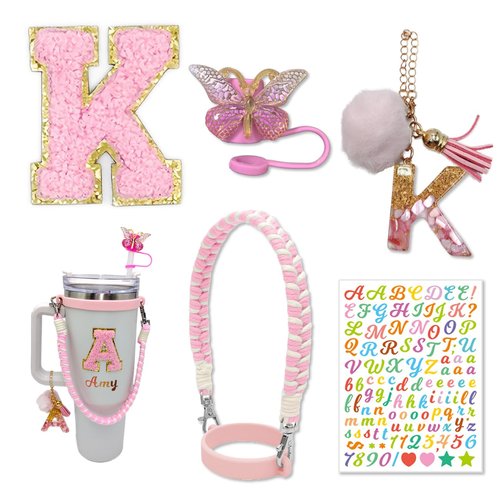 Stanley Cup 30oz & 40oz Water Bottle Accessory Set - Handle Strap, Letter Charms, Sticker & Butterfly Straw Cover Topper (Pink)