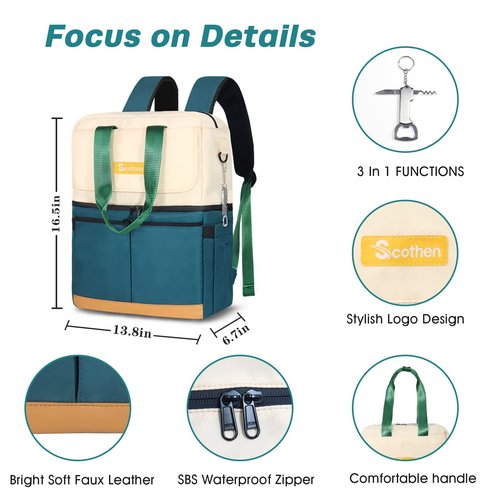 Scothen Backpack Cooler with Double Decker&12 Ice Packs-Keeps 36 Cans Cold for Up to 8h-Waterproof&Leakproof Insulated Beach Cooler Backpack-Ice Chest Backpack Small Cooler Bag for Women Picnic Travel