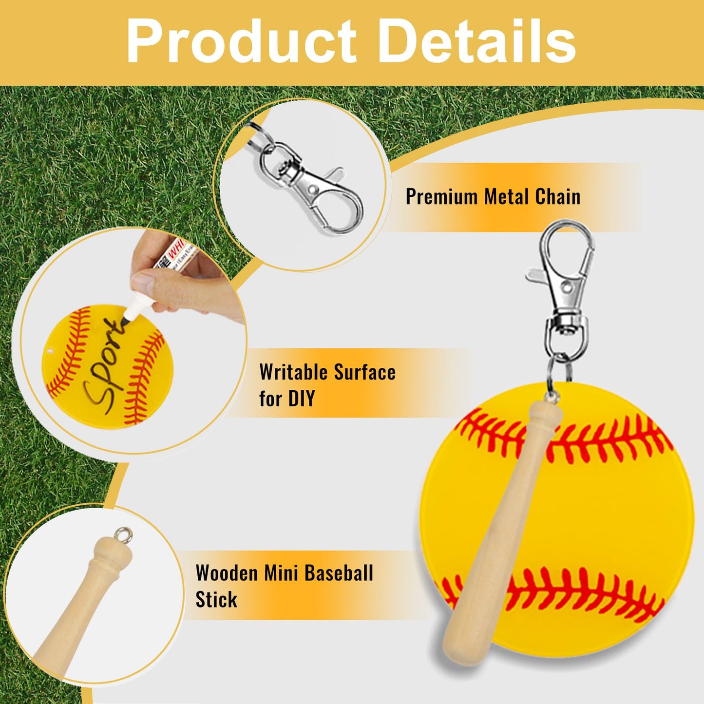 18 Sets Baseball Softball Acrylic Keychain Blanks Kit, AUHOKY 18Pcs Acrylic Baseball Blanks with 18 Miniature Softball Wood Bat, 18 Swivel Snap Keychain Hooks, 2 Pen for DIY Sports Party Favor(Yellow)