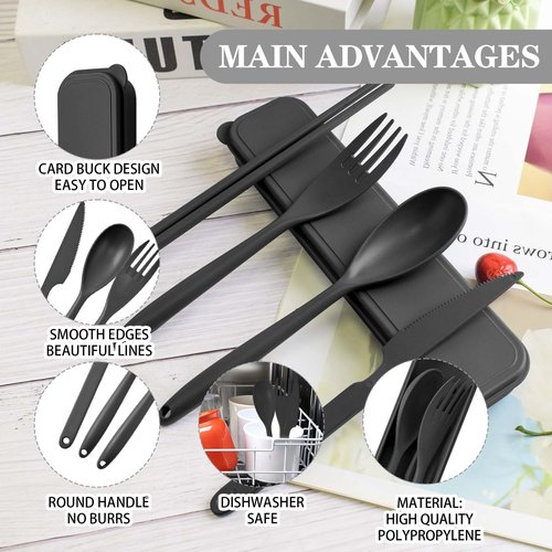 Large Reusable Travel Utensils Set with Case, Plastic Set for Adults Travel Picnic Camping, Portable Flatware Cutlery Set with Chopsticks for Daily Use(Black)