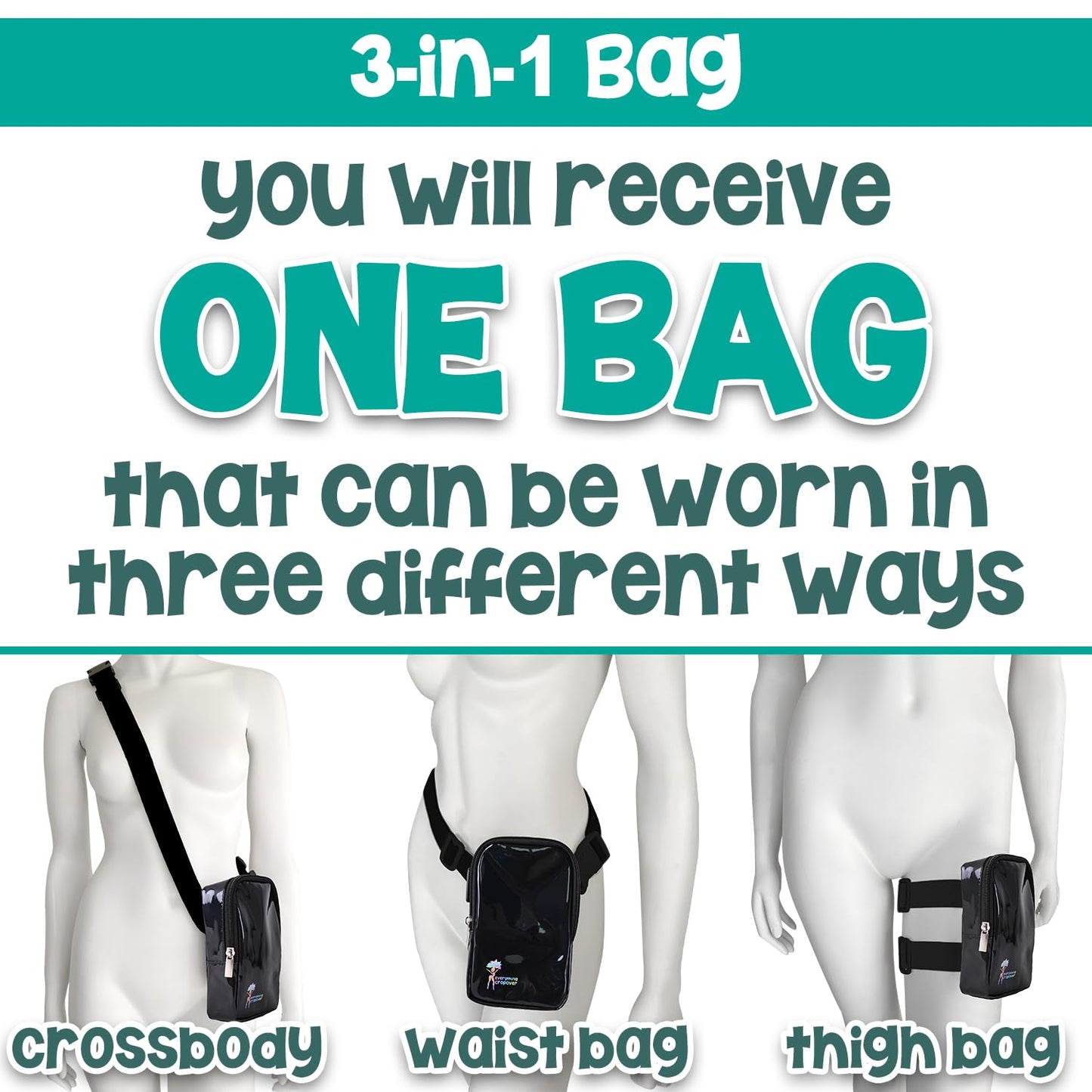 3-IN-1 Thigh Bag Fanny Pack Crossbody Bag | Carnival Leg Harness for Women | Holographic Waist Bag | Rave Leg Pack with Buckles | Black