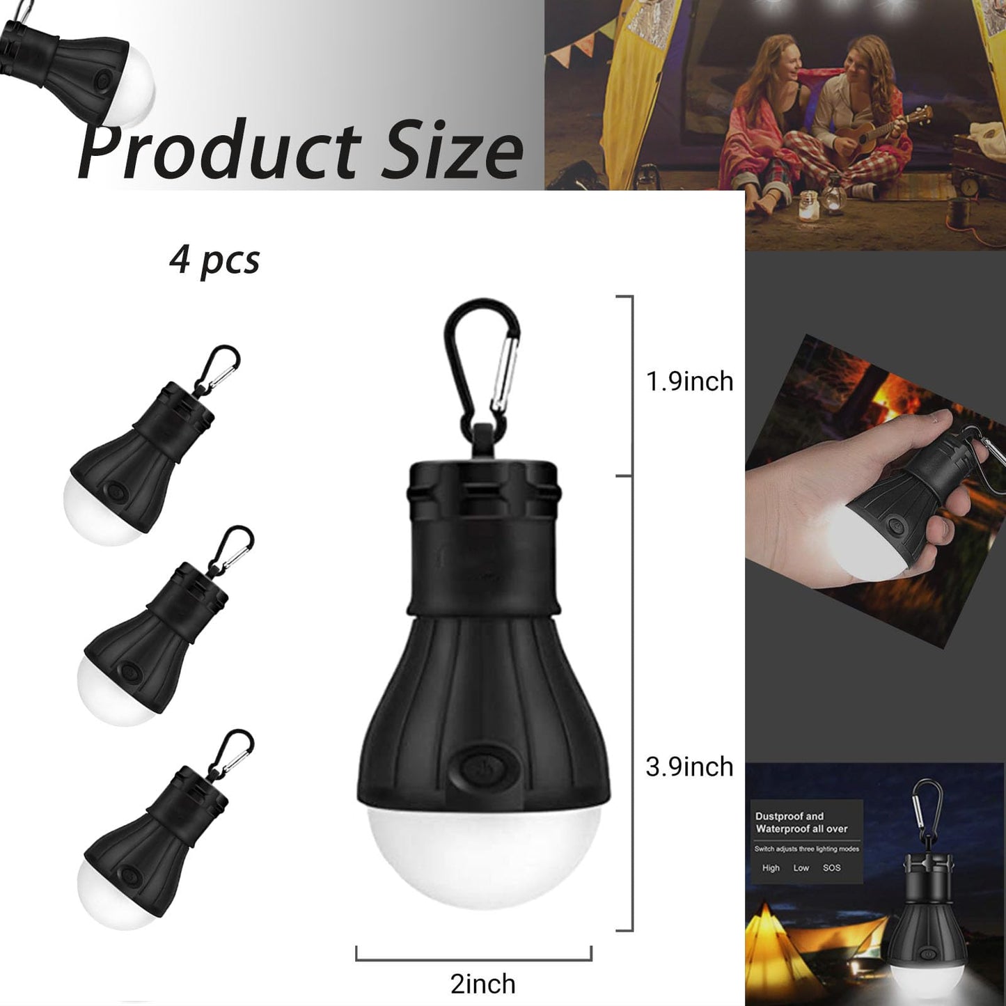 4 Packs LED Camping Lights ,Camping Gear, Camping Tent Lantern Tent Lights Portable Outdoor Waterproof Emergency Light Bulb,Super Bright, for Hiking, Party，Camping, Fishing, Power Failure (Black )