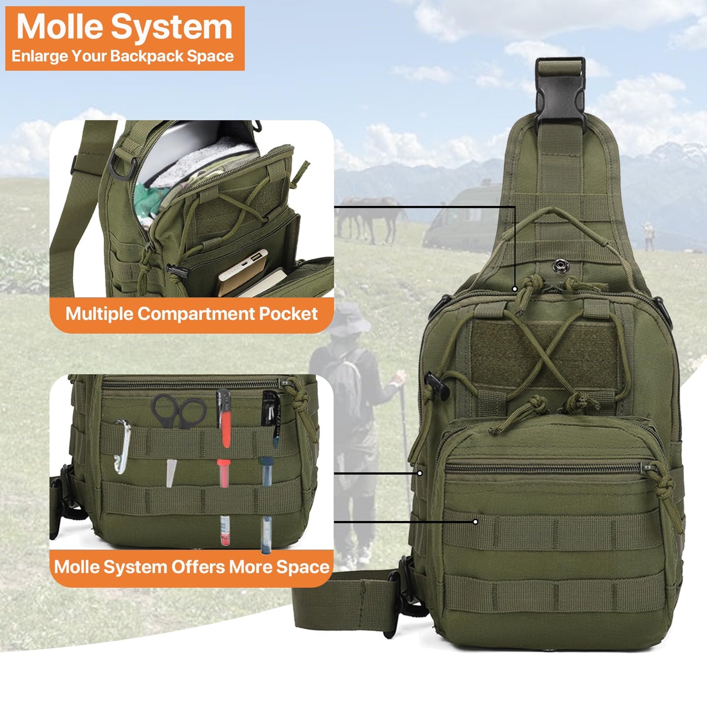 ABCAMO Tactical Sling Bag for Men, Small Crossbody Bag Chest Holster, EDC Shoulder Bag, Green