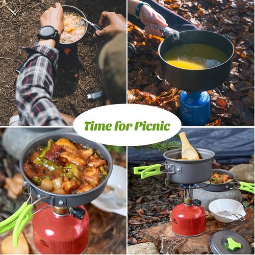 MEETSUN Camping Cooking Set with 1.5L Pot, Camping Cookware Set for 2-3 Person,Camping Mess Kit with Kettle and Portable Mini Wood Buring Stove for Camping Hiking Backpacking