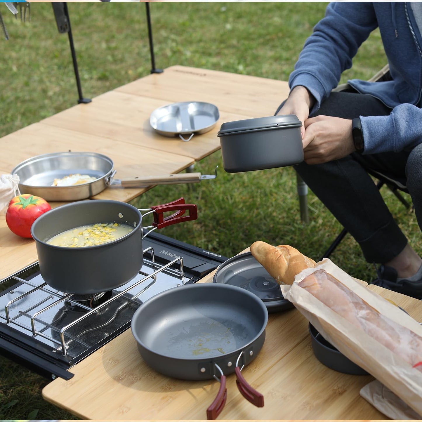 KingCamp 15PCS Aluminum Camping Cookware Set Open Fire Cookware Backpacking Cooking Mess Kit Lightweight Camping Pans and Pots Kit for Hiking Cooking Outdoors