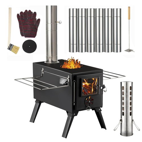 Hot Tent Stove,AVOFOREST Wood Burning Stove,Small Wood Stove with 7 Stainless Chimney Pipes for Outdoor Heating & Cooking, Ice Fishing, Hunting