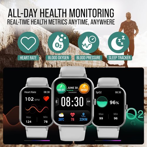 Chronex Smart Watch (Answer/Make Calls) 1.83" Fitness Tracker Heart Rate Blood Pressure Oxygen Sleep Monitor 200 Sport Modes Step Calories Trackers IP67 Waterproof Android iPhone Women Men (Silver)