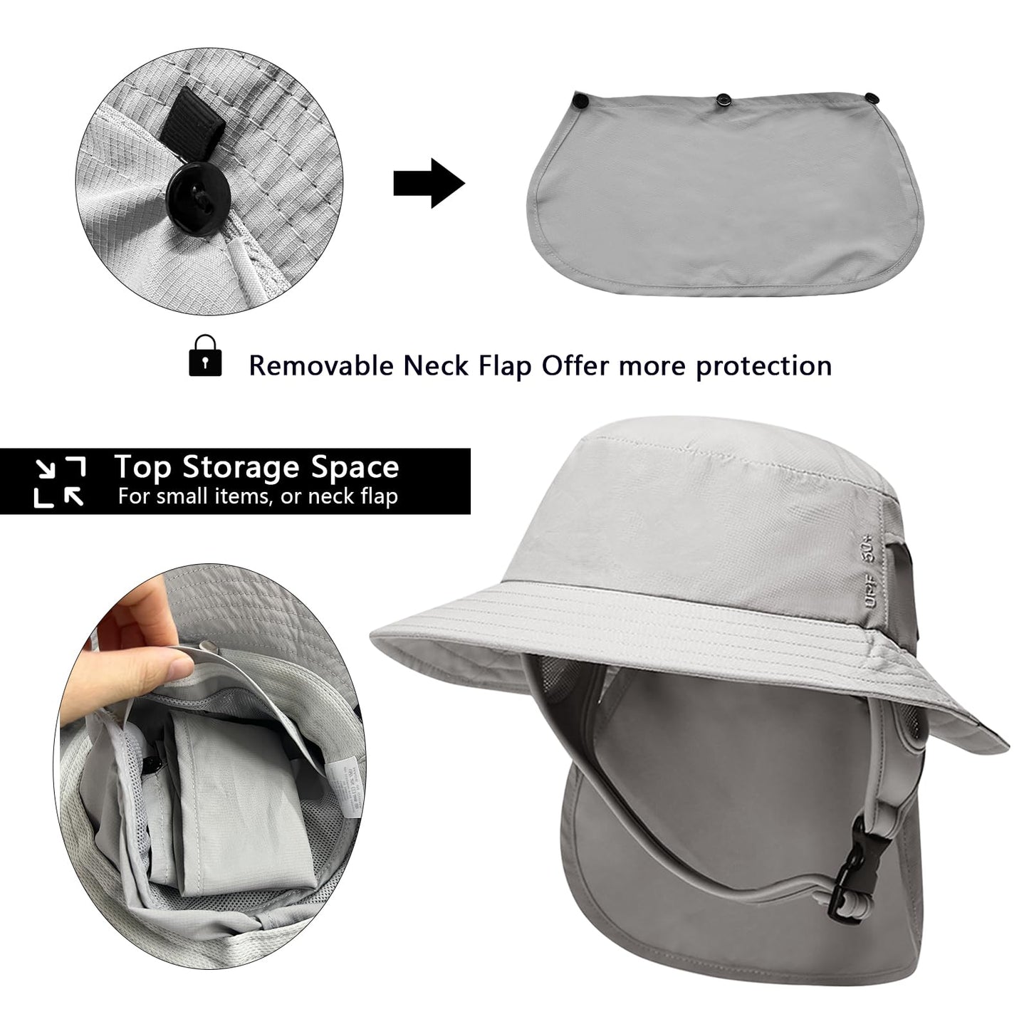 JOYART Surf Hat Bucket Beach Sun Hats with Chin Straps for Surfing,Boating,Riding,Fishing,Hiking,Watersports Men and Women,7cm Wide Stiff Brim-Gray