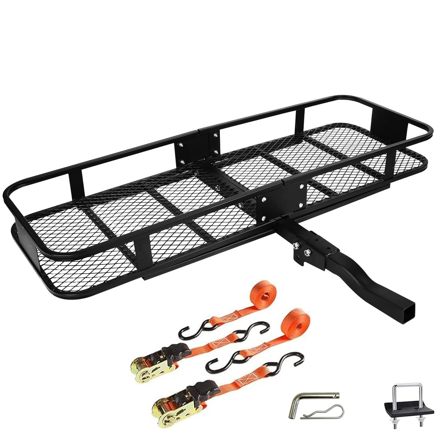 Folding Hitch Mount Cargo Carrier Basket 60x20x6” Rear Luggage Rack Basket,500LBS Capacity,Hitch Mount for 2" Receivers,Powder Coating,Heavy Duty, Durable,Easy Assembly,Straps Stabilizer