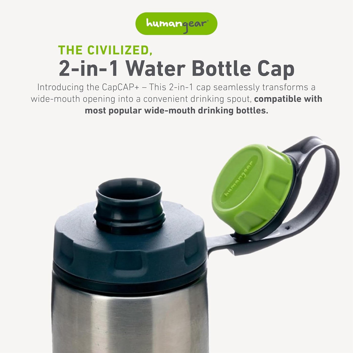 humangear capCAP+ | Converts Wide-Mouth Openings | Secure Easy Open | Food-Safe Material | Water Bottle Accessory Lid