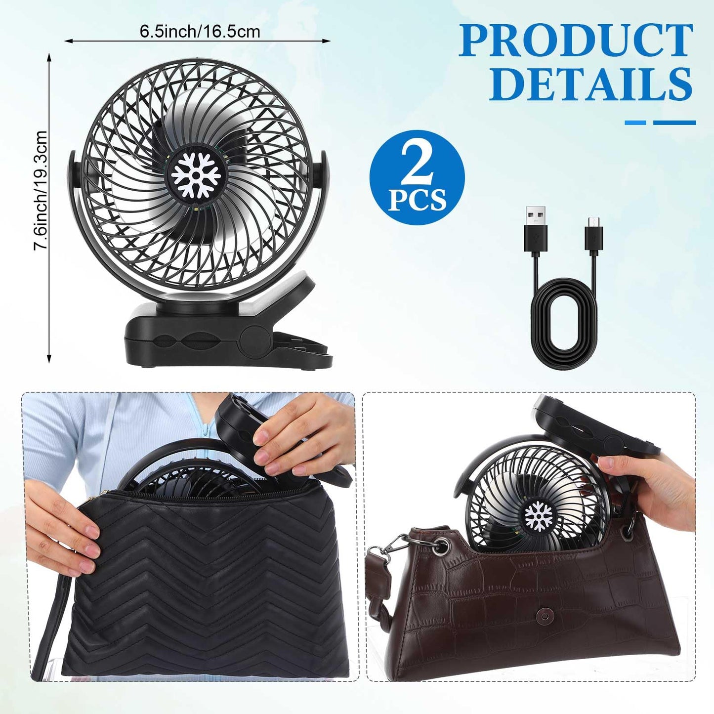 Glooglitter 2 Pcs Portable Camping Fan with LED Lantern and Hook, Rechargeable Portable Fan 3 Speeds Battery Powered Fan Clip on Fan for Bed 5000mah USB Small Desk Fan Tent Fan for Camping Car, Black