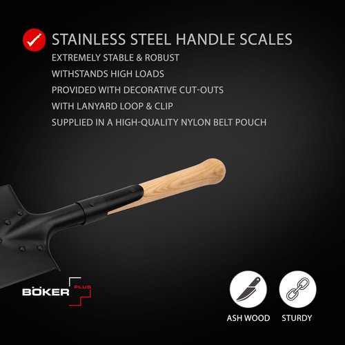Boker Plus® Shovel M1874 - German Field Spade with Wooden Handle - Army Short Spade Based on Historic Pioneer Spade - Short Outdoor Shovel with Bag for bushcraft, Camping and Survival Equipment