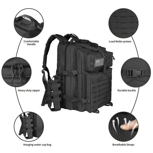 ROGJUK 45L Military Tactical Backpack For Men Highland Assault Large Army Pack 3 Day Molle Bug Out Bag With Water Cup Bag Outdoor Camping Hiking Daypack Black Rucksack