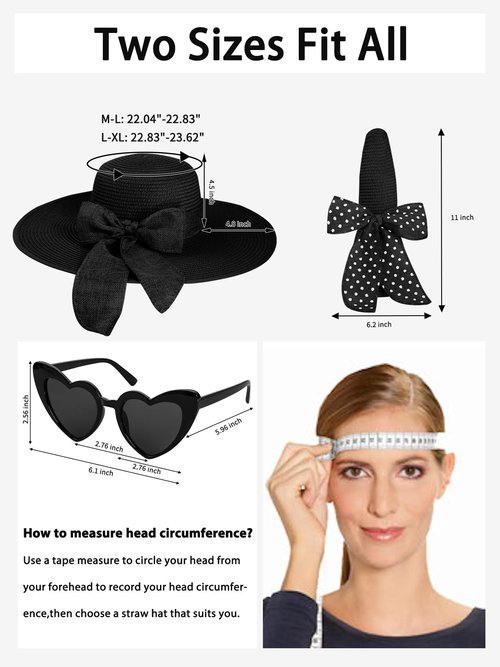 Senker Fashion Sun Hats for Women, Wide Brim Floppy Beach Straw Hat for Summer Travel Vacation Foldable with Sunglasses Black