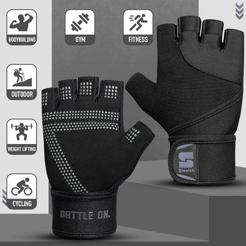 Stealth Sports Weight Lifting Gloves with Wrist Wrap Support Padded Palm Protection Exercise Gym Workout Gloves Men & Women Training Fitness Weightlifting Bodybuilding,E9(Black,S)