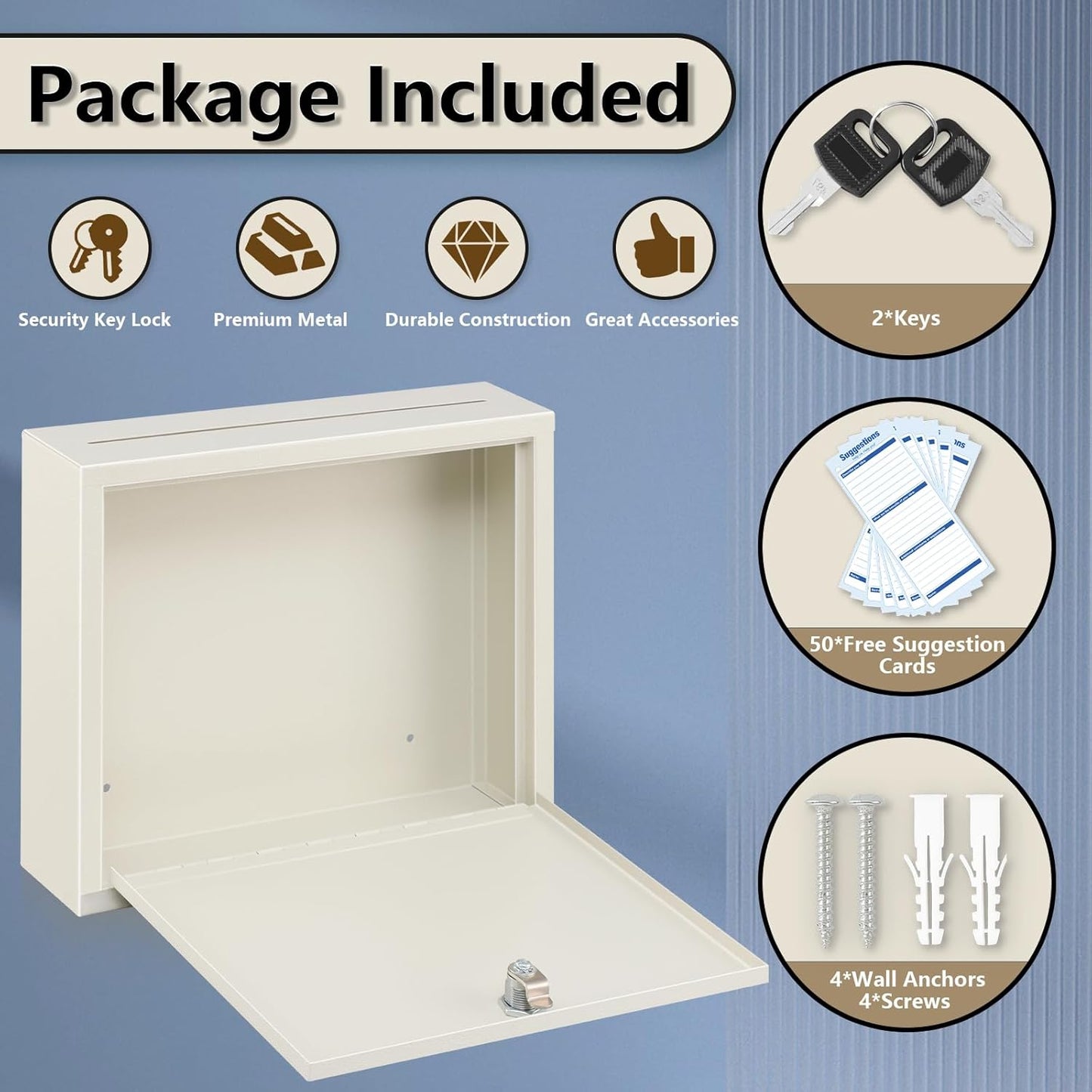 KYODOLED Suggestion Box with Lock and Slot, Small Locking Mailbox for Office, Wall Mount Safe Money/Key Drop Box with 50 Free Suggestion Cards, 9.8" W x 3" D x 7" H, Black