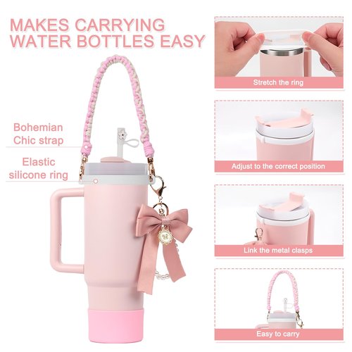 Stanley Cup Accessories Set - Braided Design Water Bottle Handle Strap, Silicone Boot, Straw Toppers for 30/40oz Tumble (Pink)