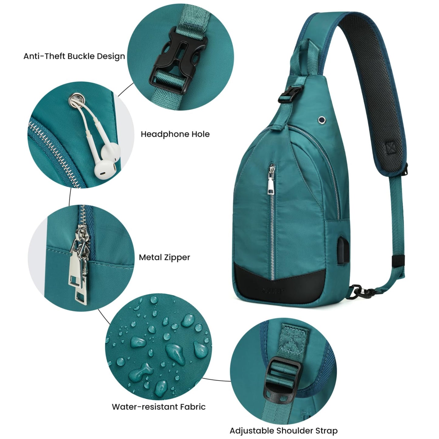G4Free Sling Bag RFID Blocking Crossbody Sling Backpack Small Shoulder Chest Bag Daypack with Earphone Hole Men Women Hiking Travel(Teal)