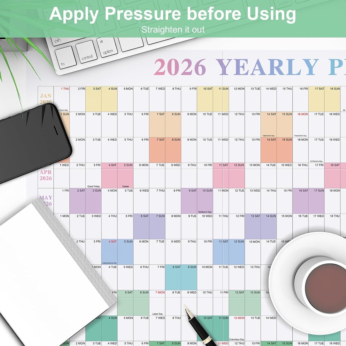24" x 36" Exellewis 2026 Wall Calendar, Folded Large Paper Yearly Planner 12 Months, January to December 2026, 2-Sided Reversible Horizontal/Vertical School Office Business Year Calendar