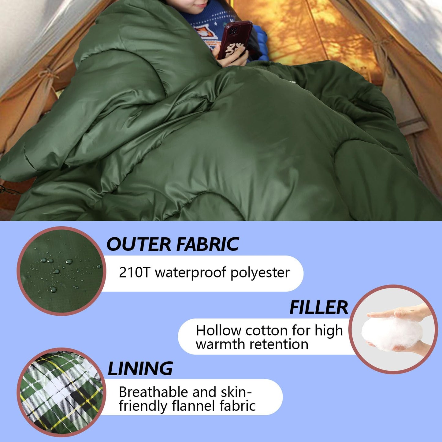 POEPORE Flannel Sleeping Bag Lightweight Warm Weather 3-4 Seasons for Adults XL Wearable Sleeping Bag Waterproof with Compression Sack Olive