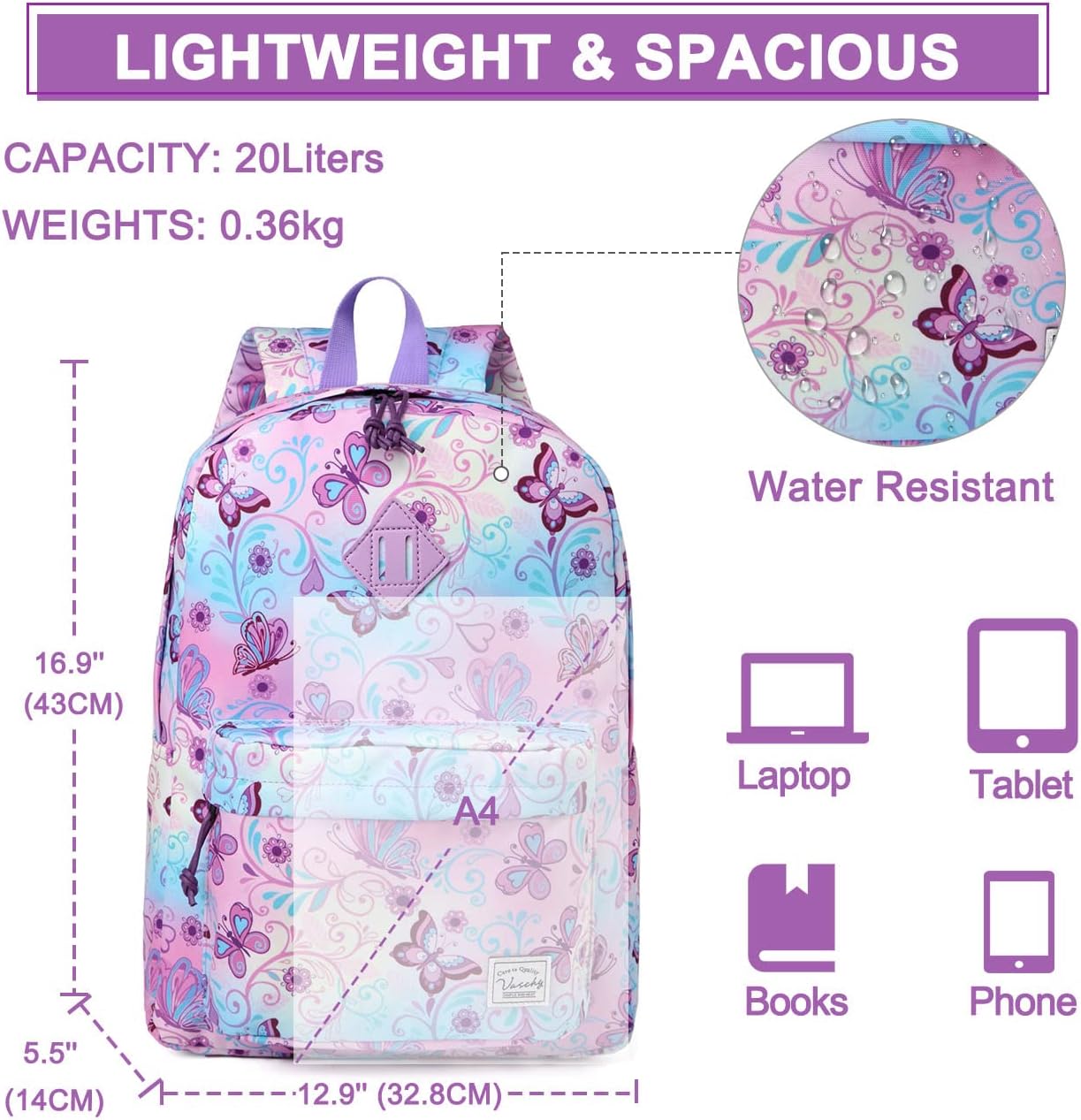 VASCHY Backpacks Handbags, Lavender, M