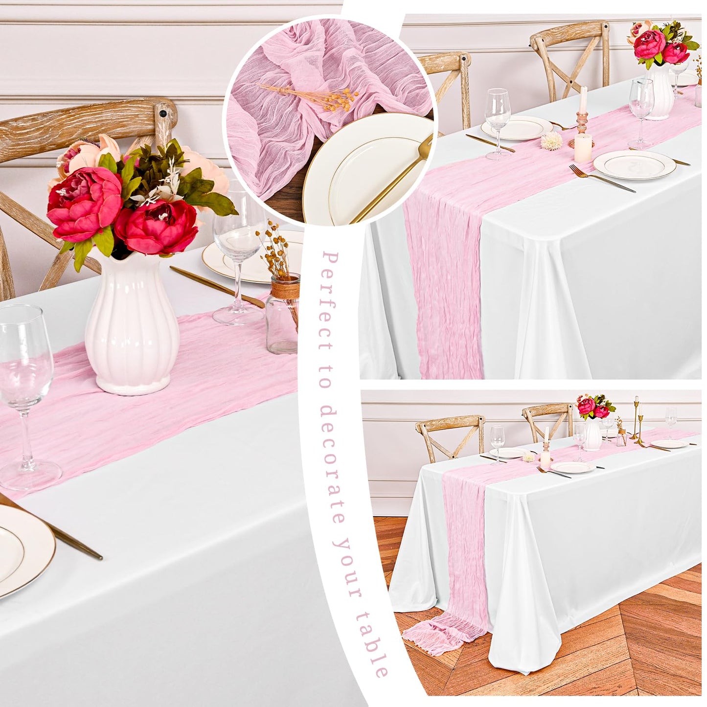 12 Pack Light Pink Cheesecloth Table Runner 35 x 70 Inch Gauze Cheese Cloth Table Runner, Boho Rustic Wedding Table Runner for Wedding Bridal Shower Graduation Party Banquet Table Decorations