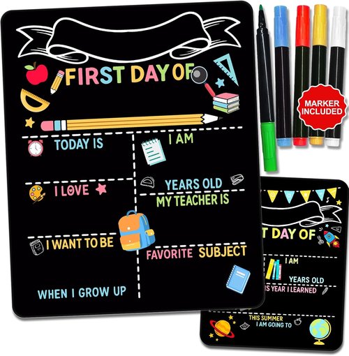 Double-Sided First Day & Last Day of School Sign with Markers Included - 12×10 Inch Reusable Back to School Chalkboard for Kids, Preschool, Kindergarten - Durable & Easy to Clean