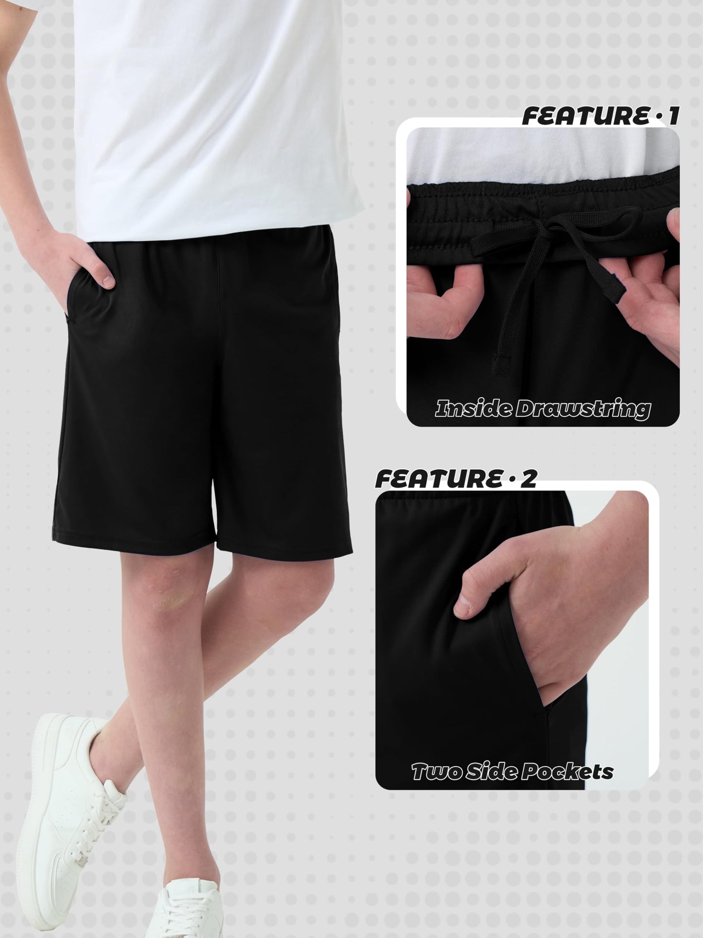 QWE 5-Pack Boys Athletic Shorts with Pockets, Dry-Fit Basketball Soccer Boys Shorts for Youth & Kids Outdoor Set A L