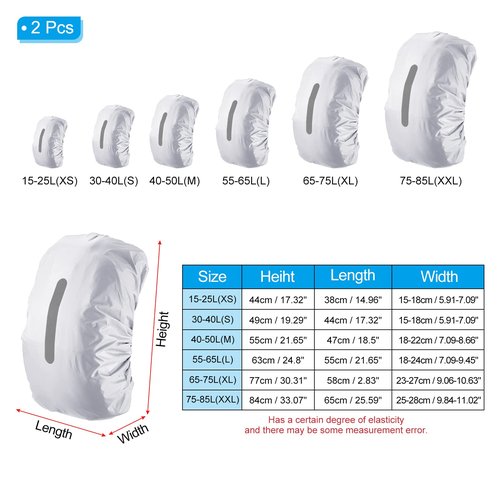 PATIKIL 15-25L Waterproof Backpack Rain Cover, 2 Pack Non-Slip Backpack Cover with Vertical Reflective Strap Stay Dry for Hiking, Camping, Hunting, XS, Silver Tone