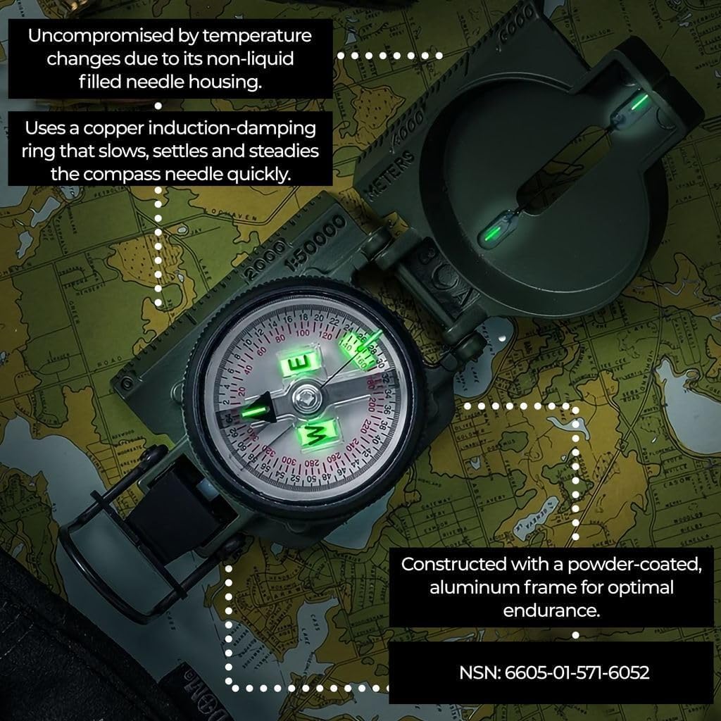 Cammenga Compass Military Grade Phosphorescent - Lensatic Compass Shock, Sand, and Waterproof, Tactical, Navigation - Made in The USA