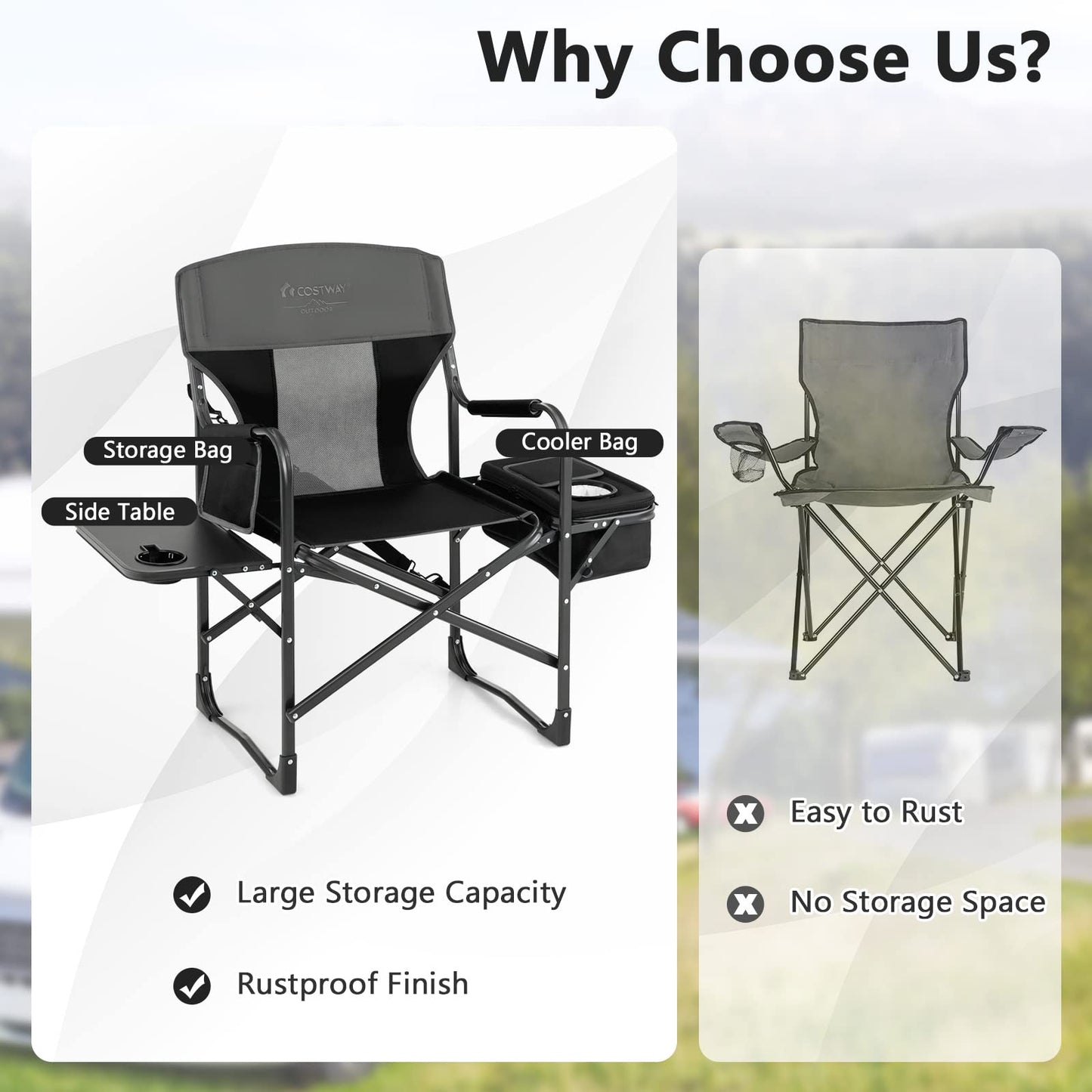 COSTWAY Folding Camping Chair, Heavy-Duty Director Chair Supports 400lbs for Adults with Side Table, Cooler Bag, Storage, Strap, Portable Makeup Chair Suitable for Fishing Picnic, Black
