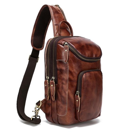 LANNSYNE Vintage Full Grain Leather Sling Bag for men, Crossbody Chest Daypack fits 10.5" iPad