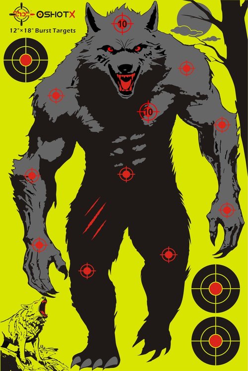 OSHOTX Werewolf Shooting Targets- 12 x18 inch - Reactive Silhouette Splatter Target Paper for Range - Easily See Shots Burst Bright Yellow Points (10 Pack)